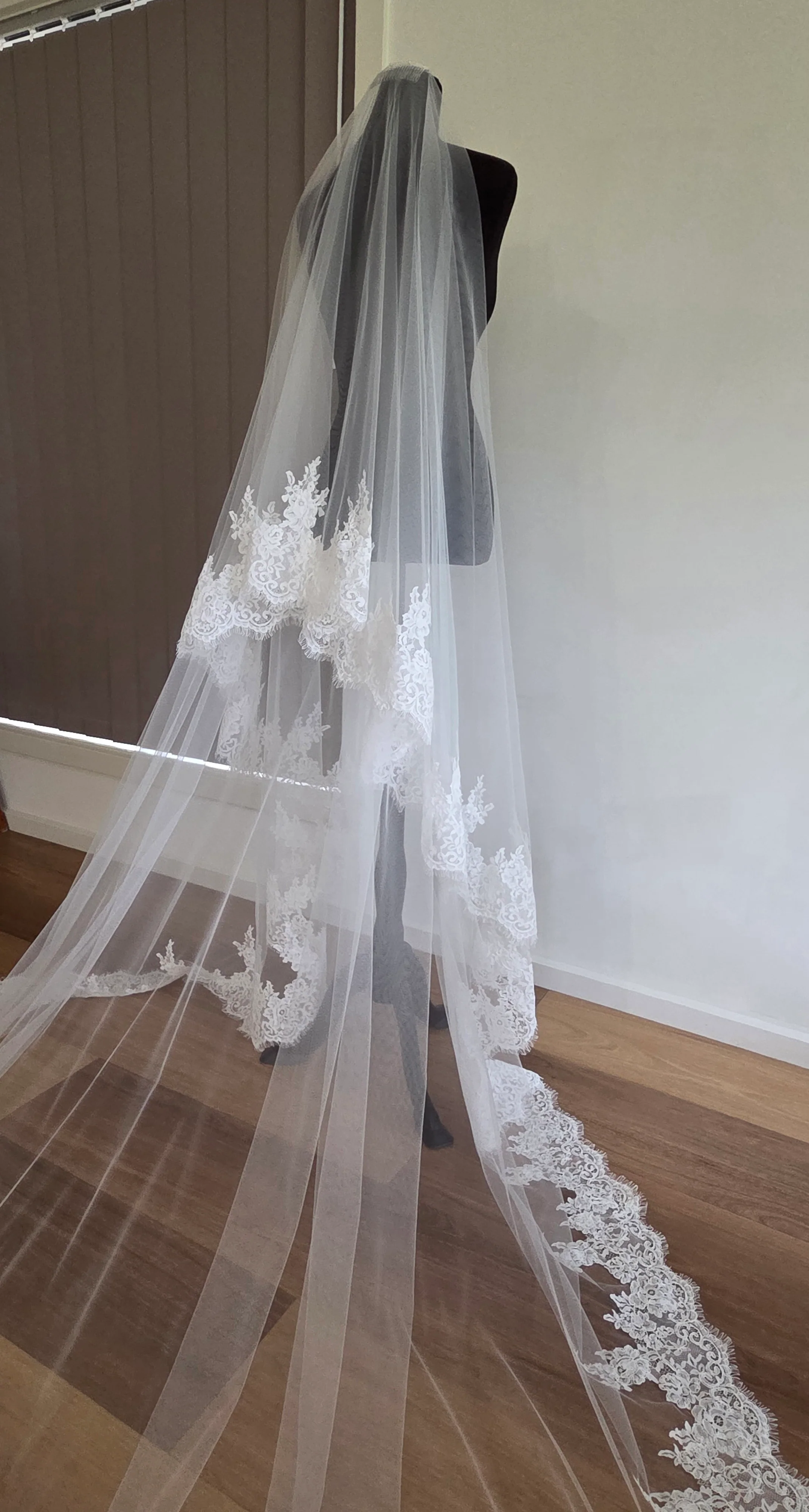 Milk - French Lace Cathedral Wedding Veil with Blusher - Studio 3 Twenty One LLC