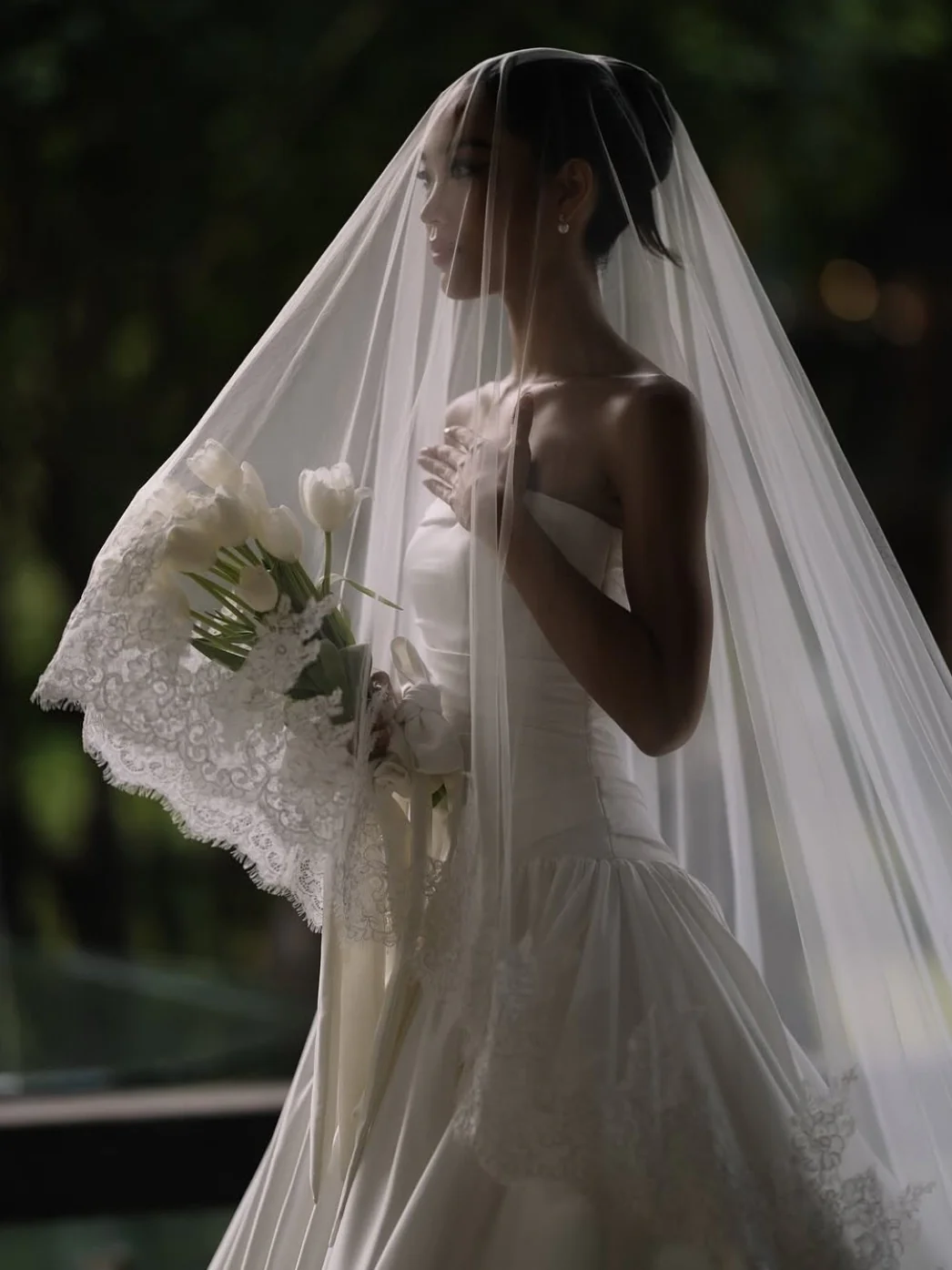 Milk - French Lace Cathedral Wedding Veil with Blusher - Studio 3 Twenty One LLC