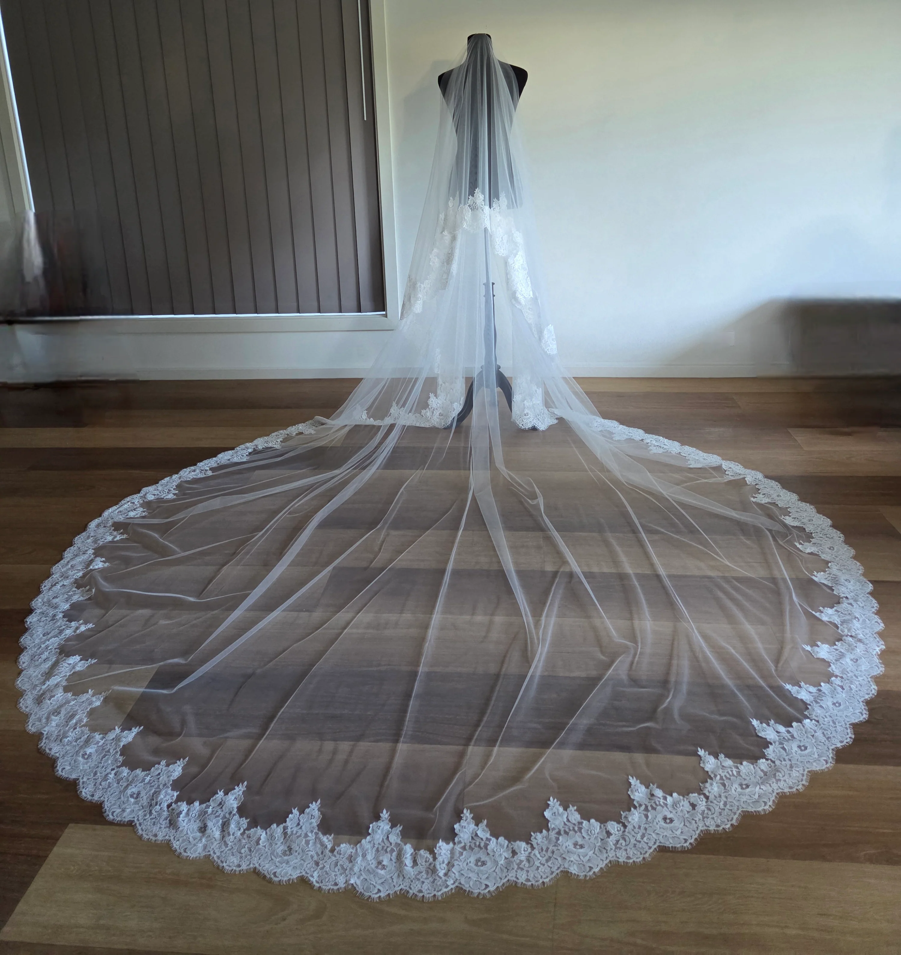 French lace Cathedral Wedding Veil with Blusher, unique and statement thick lace trim- Rosa - Studio 3 Twenty One LLC
