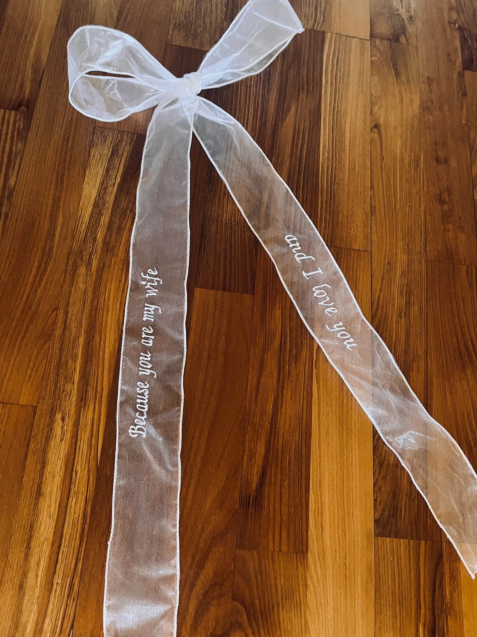 Organza Ivory Bridal Bow with Embroidered Phrase - Studio 3 Twenty One LLC