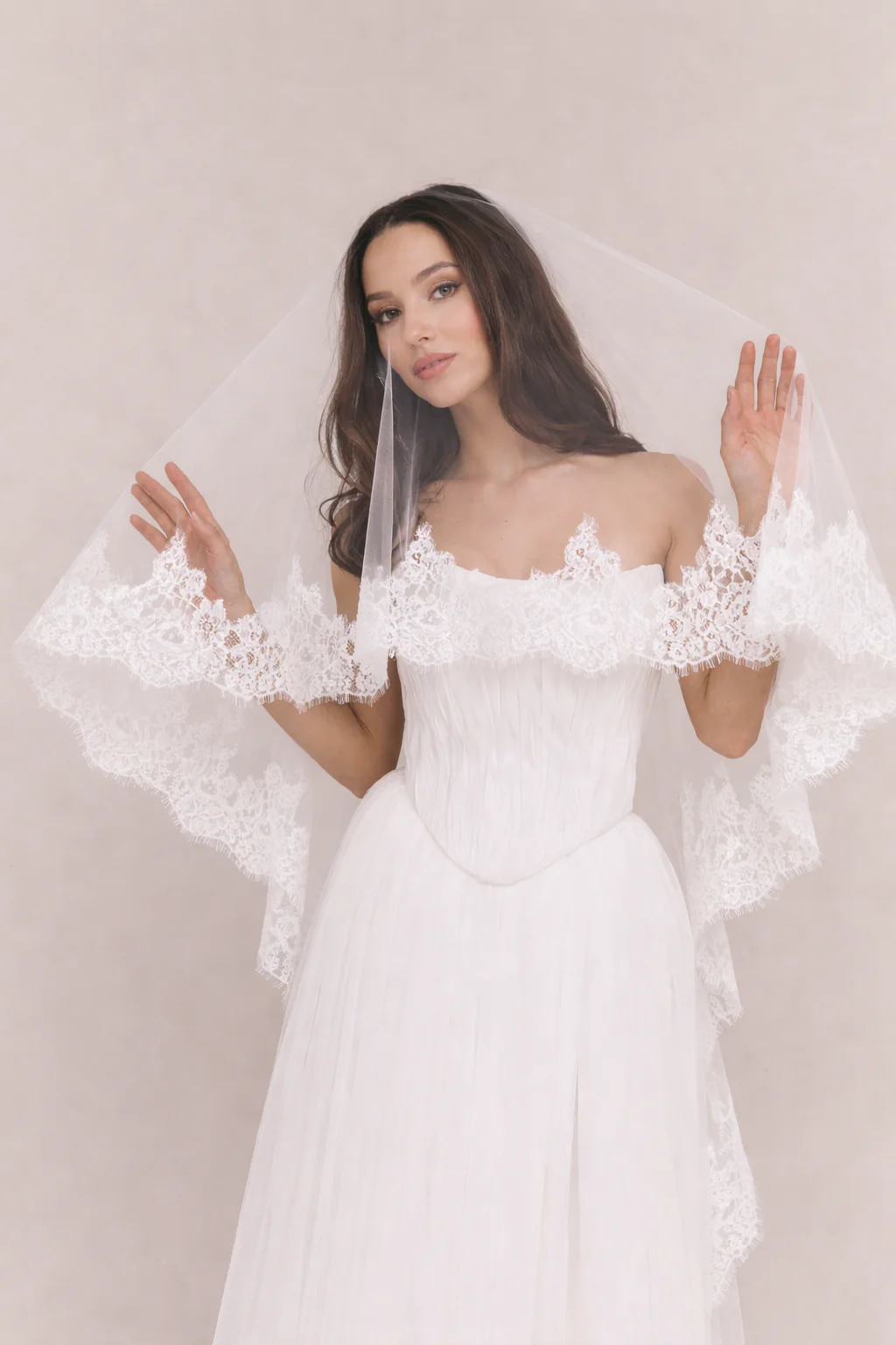 French lace Cathedral Wedding Veil with Blusher, unique and statement thick lace trim- Rosa - Studio 3 Twenty One LLC