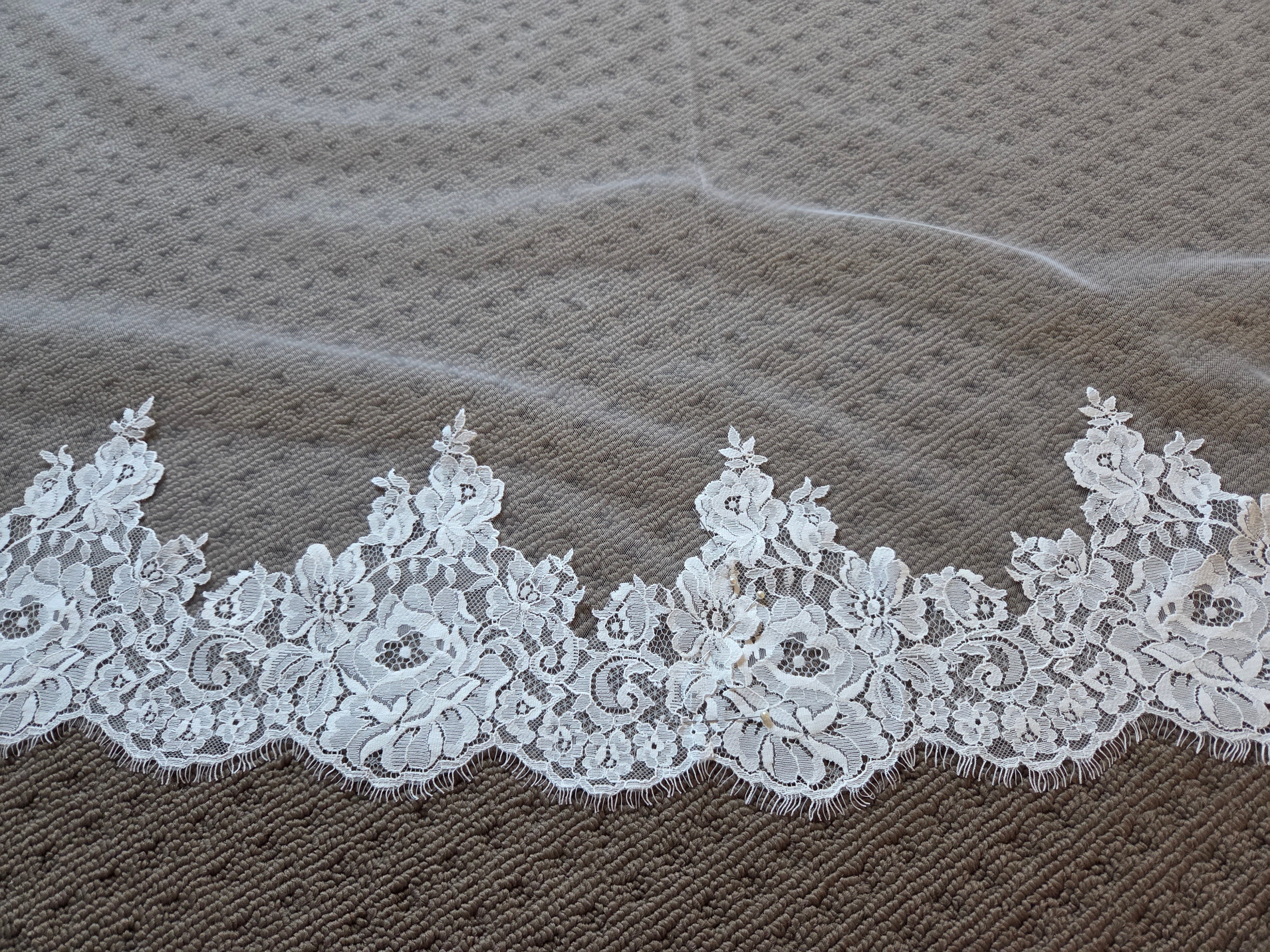 French lace Cathedral Wedding Veil with Blusher, unique and statement thick lace trim- Rosa - Studio 3 Twenty One LLC