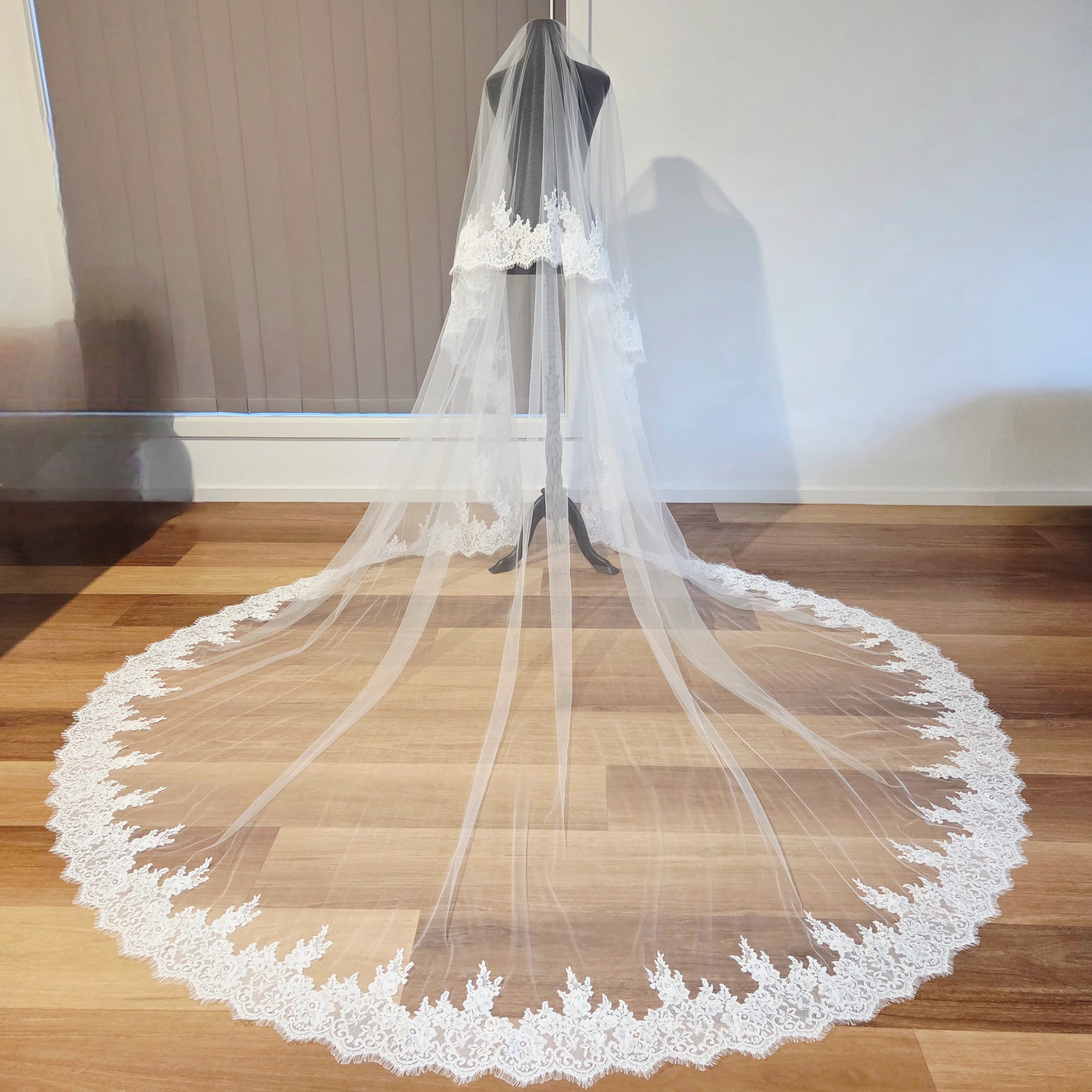 Milk - French Lace Cathedral Wedding Veil with Blusher - Studio 3 Twenty One LLC