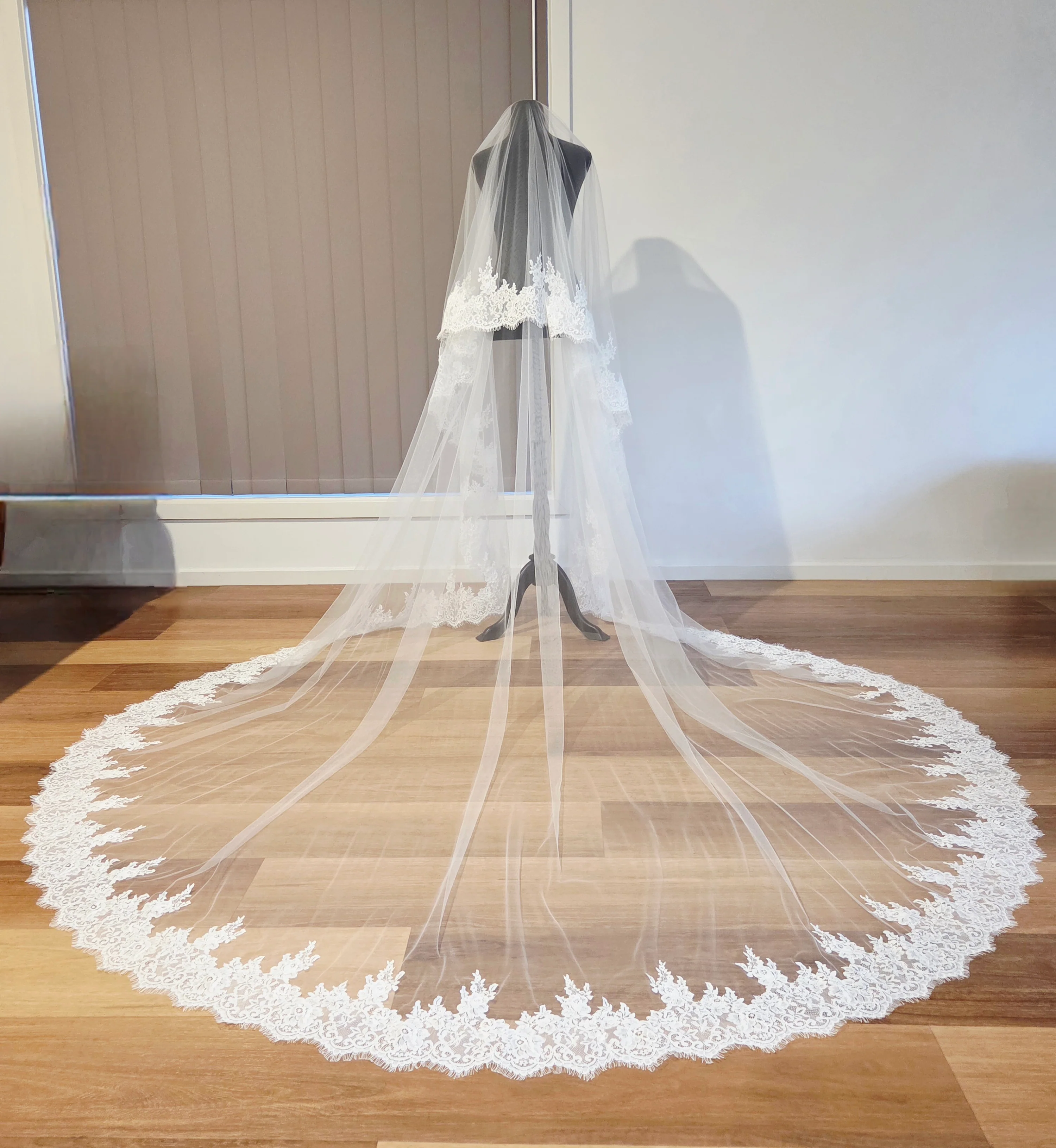Milk - French Lace Cathedral Wedding Veil with Blusher - Studio 3 Twenty One LLC