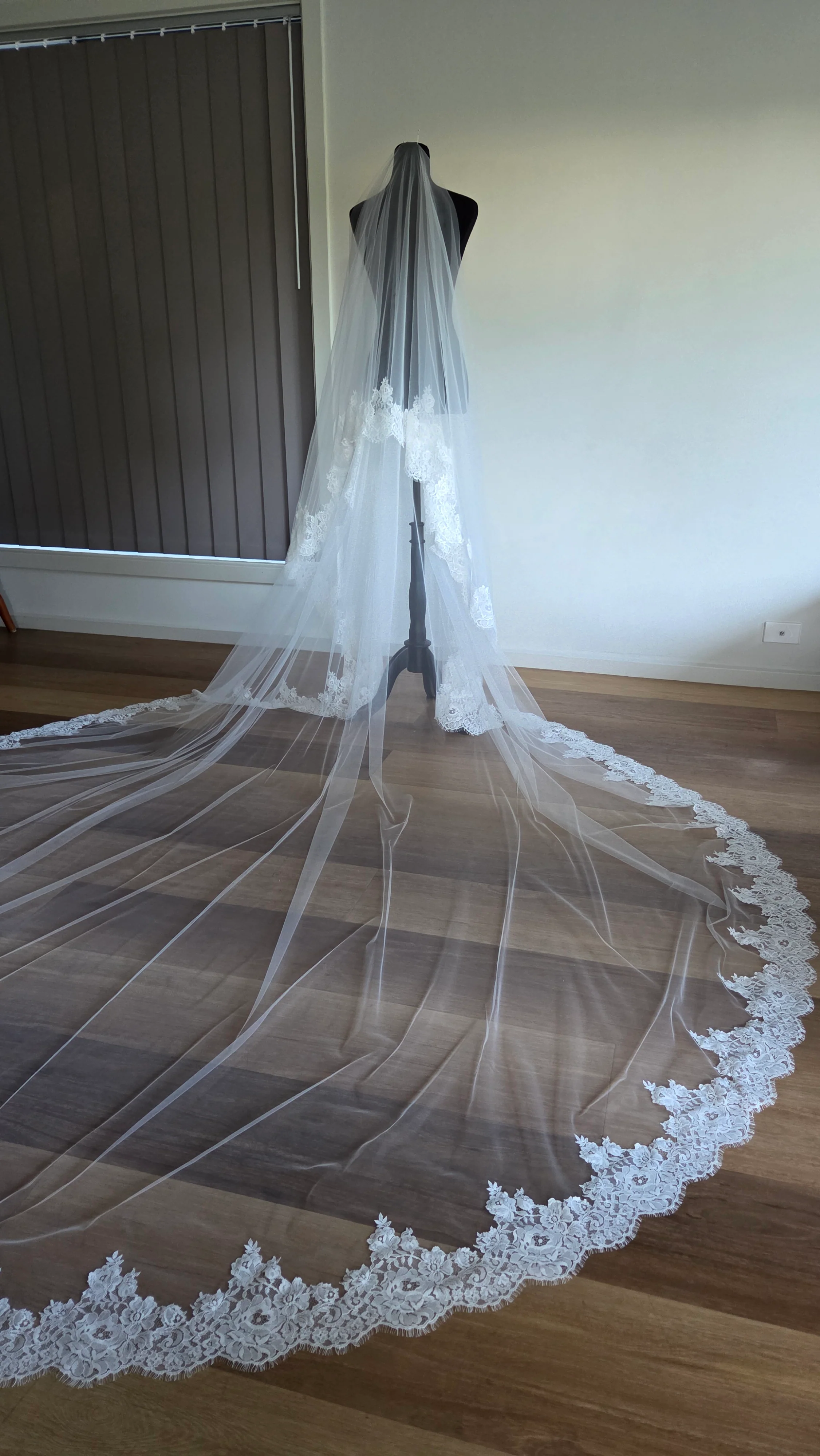 French lace Cathedral Wedding Veil with Blusher, unique and statement thick lace trim- Rosa - Studio 3 Twenty One LLC