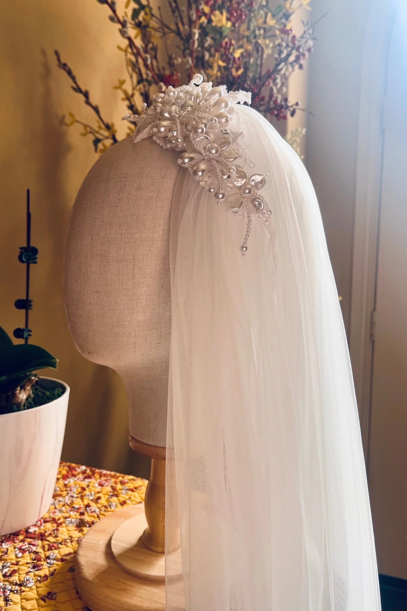 Pearl and Lace Headband Bridal Veil: Turban Headpiece - Studio 3 Twenty One LLC