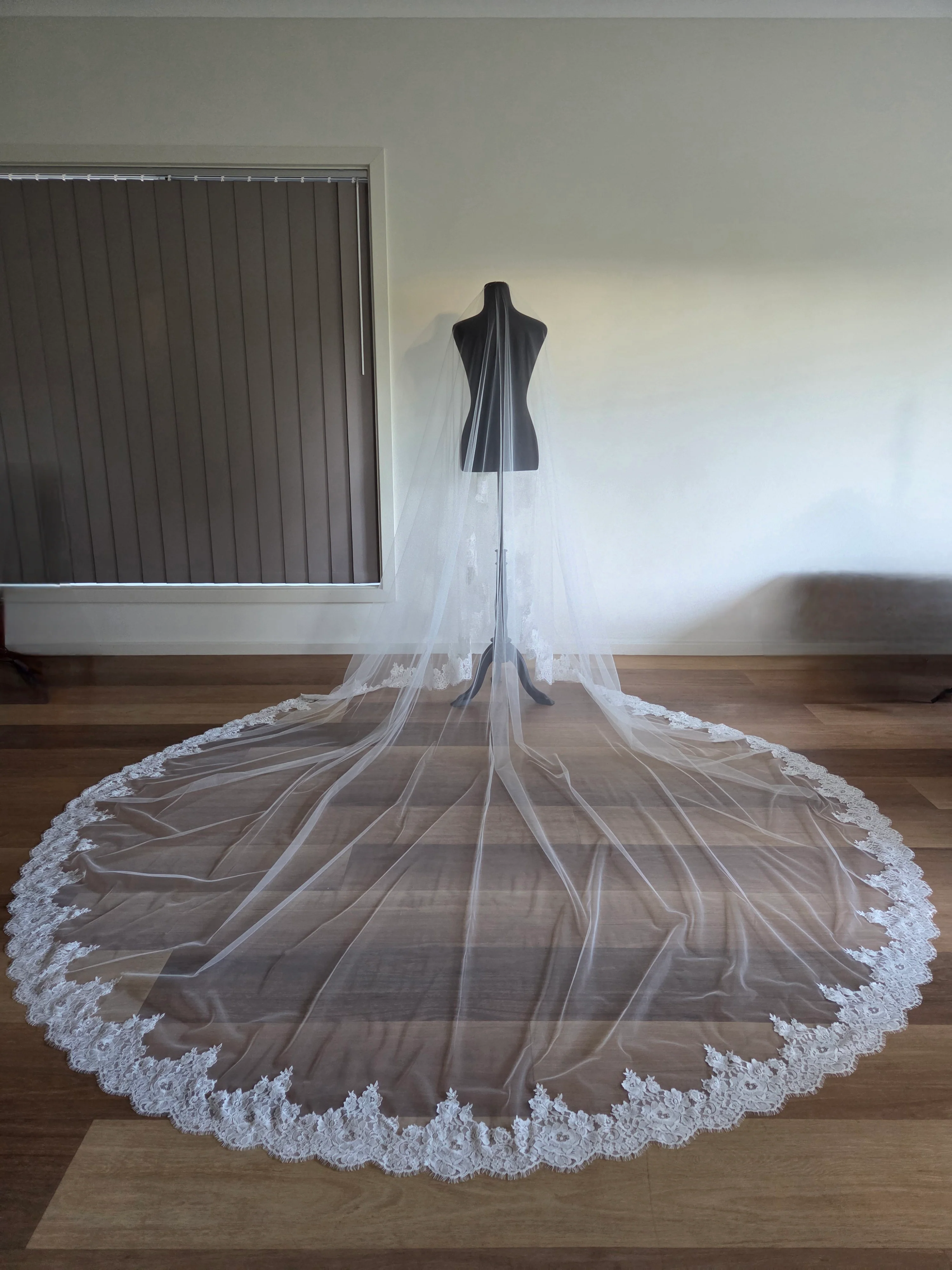 French lace Cathedral Wedding Veil with Blusher, unique and statement thick lace trim- Rosa - Studio 3 Twenty One LLC