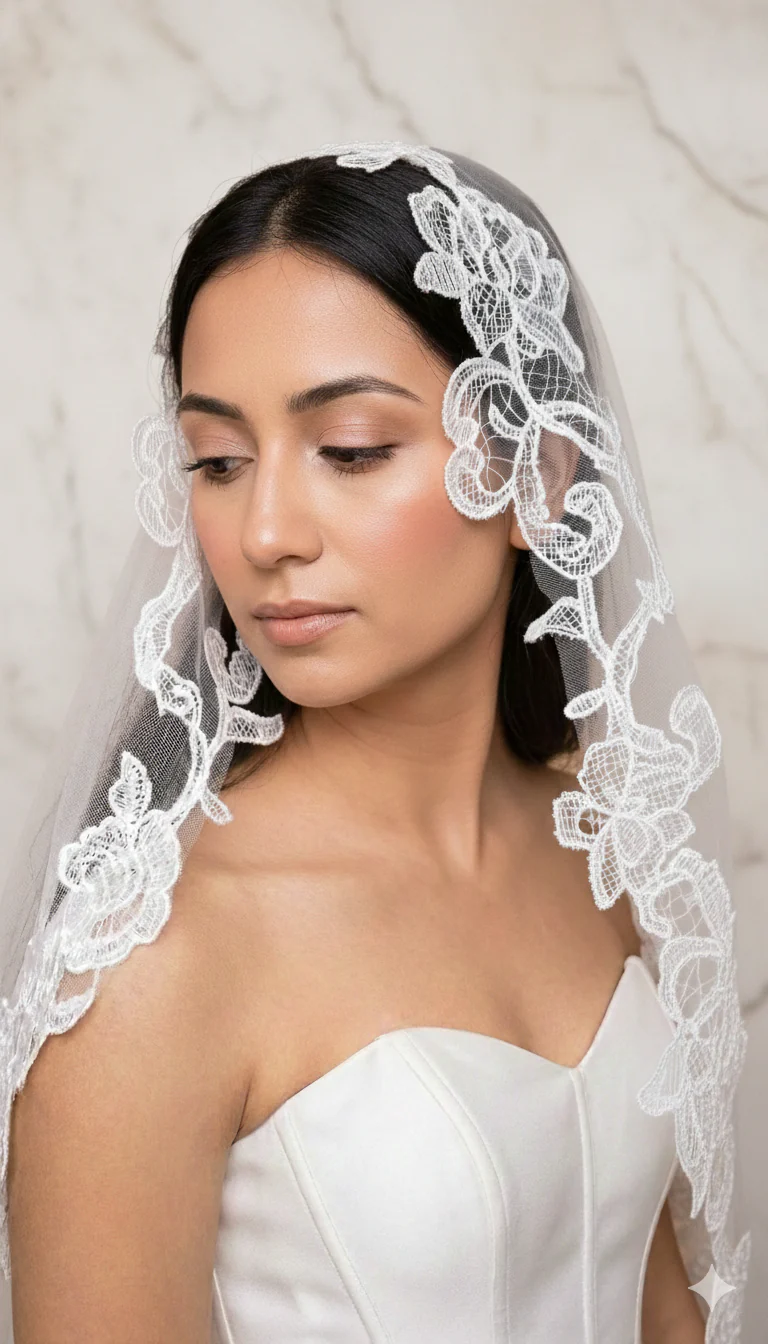 Rosette - Mantilla wedding veil with lace, Finger tip length. - Studio 3 Twenty One LLC