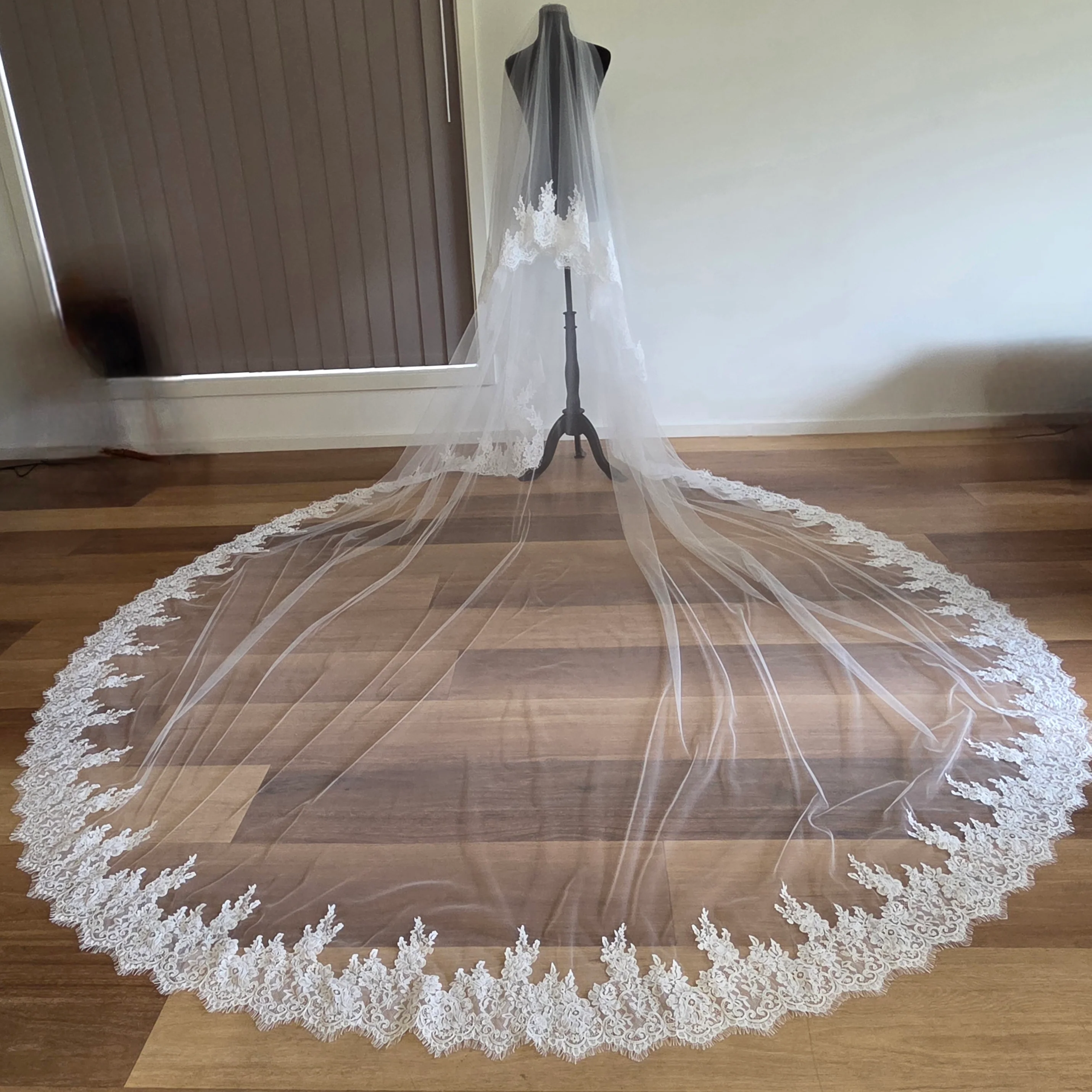 Milk - French Lace Cathedral Wedding Veil with Blusher - Studio 3 Twenty One LLC