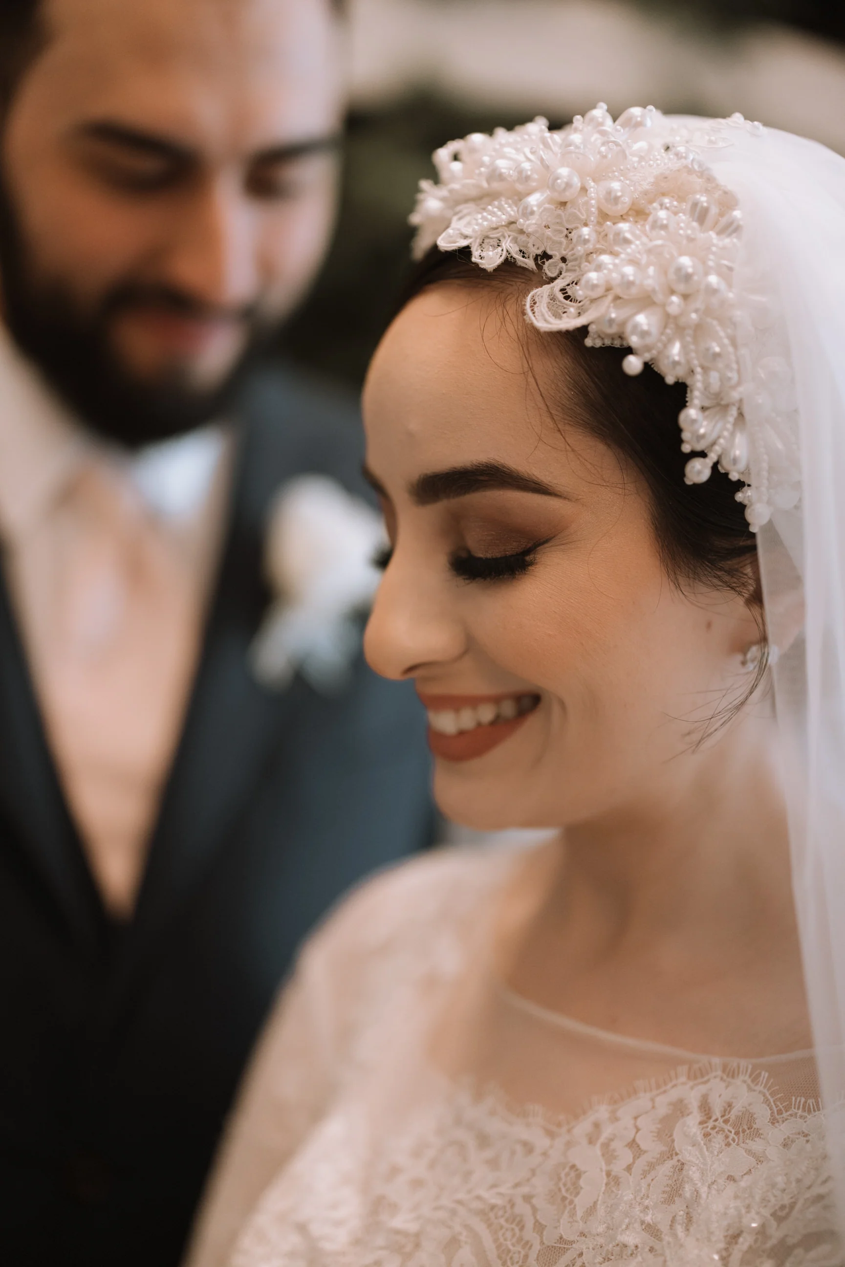 Pearl and Lace Headband Bridal Veil: Turban Headpiece - Studio 3 Twenty One LLC