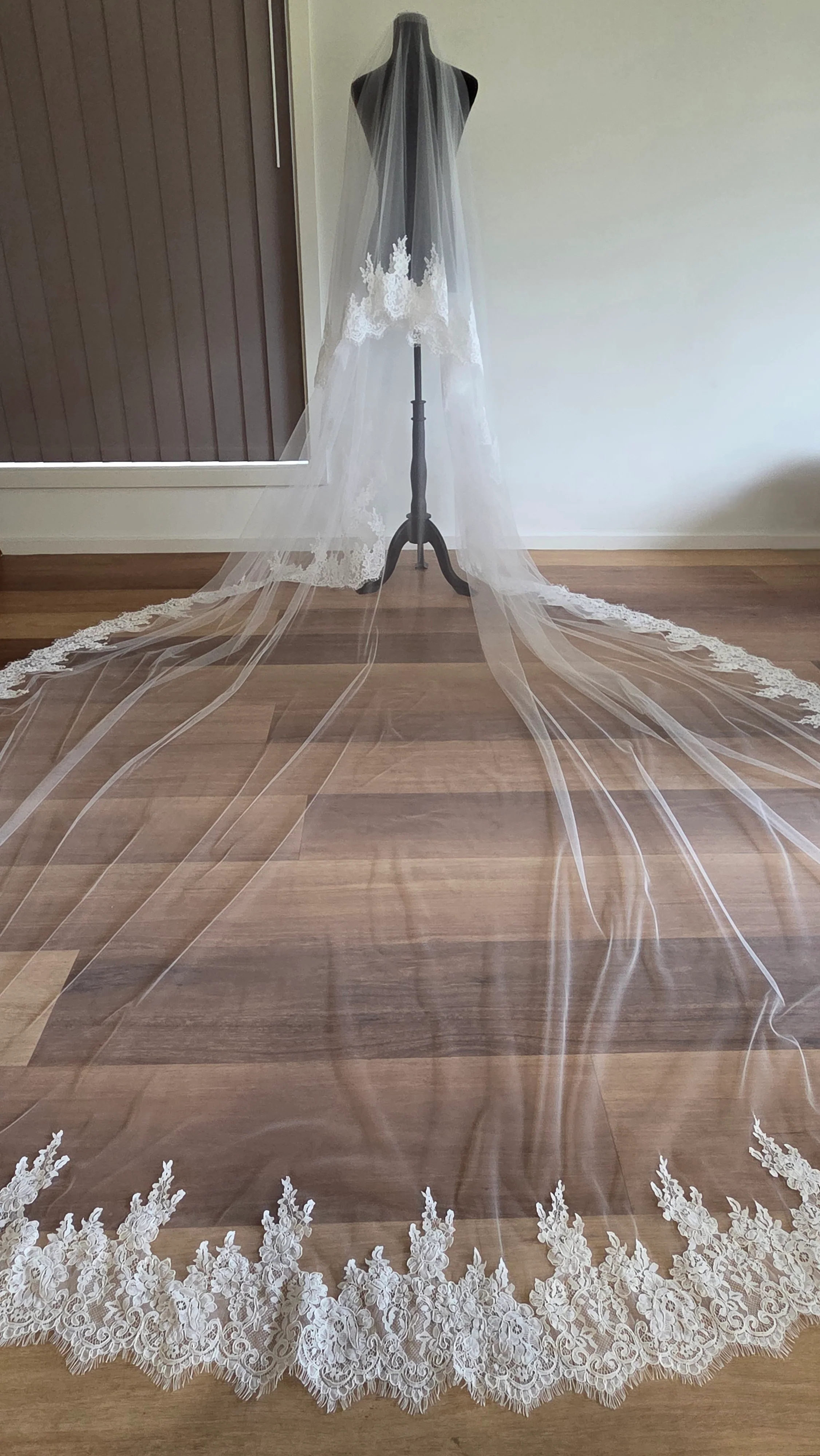 Milk - French Lace Cathedral Wedding Veil with Blusher - Studio 3 Twenty One LLC
