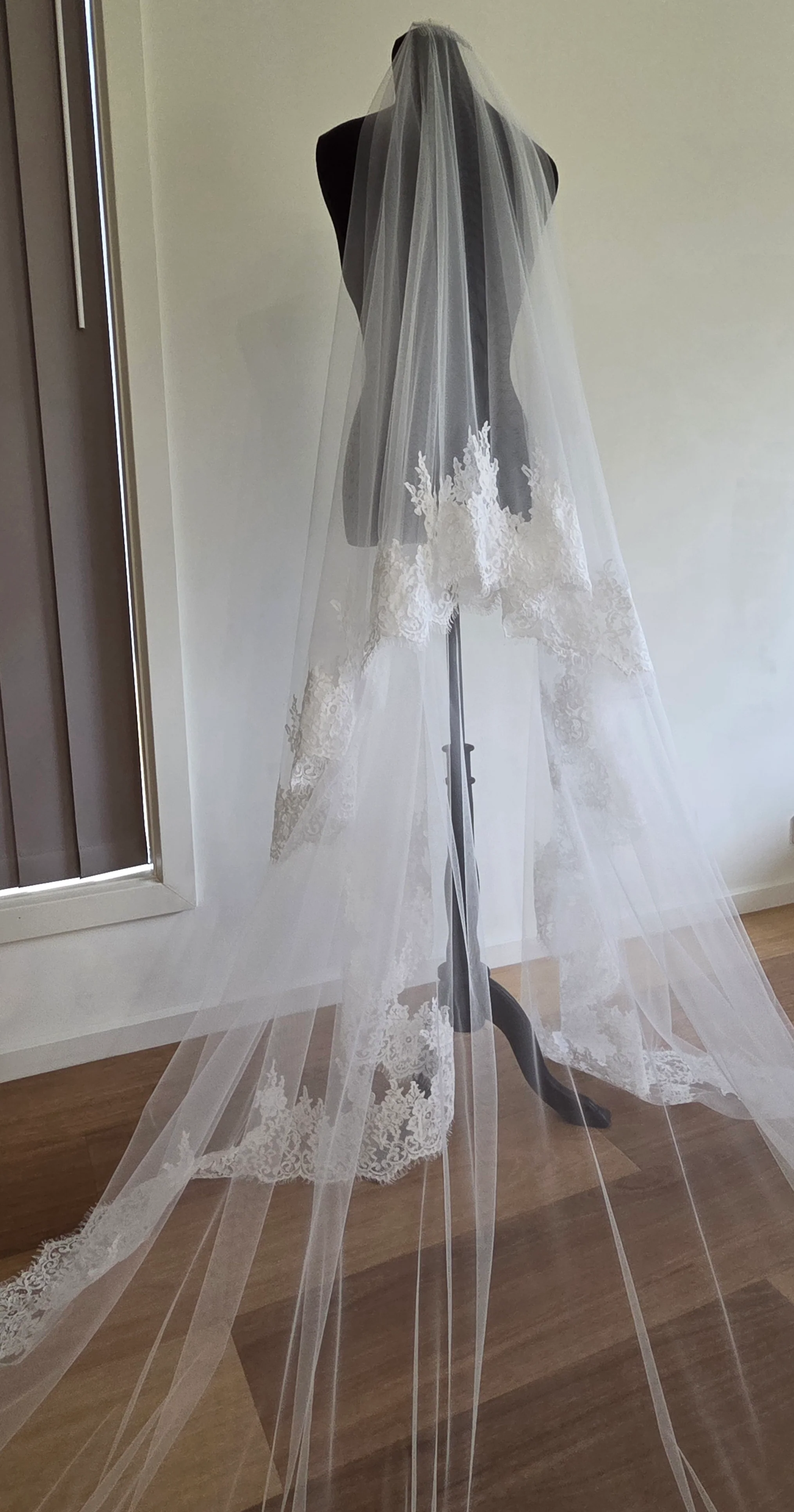 Milk - French Lace Cathedral Wedding Veil with Blusher - Studio 3 Twenty One LLC