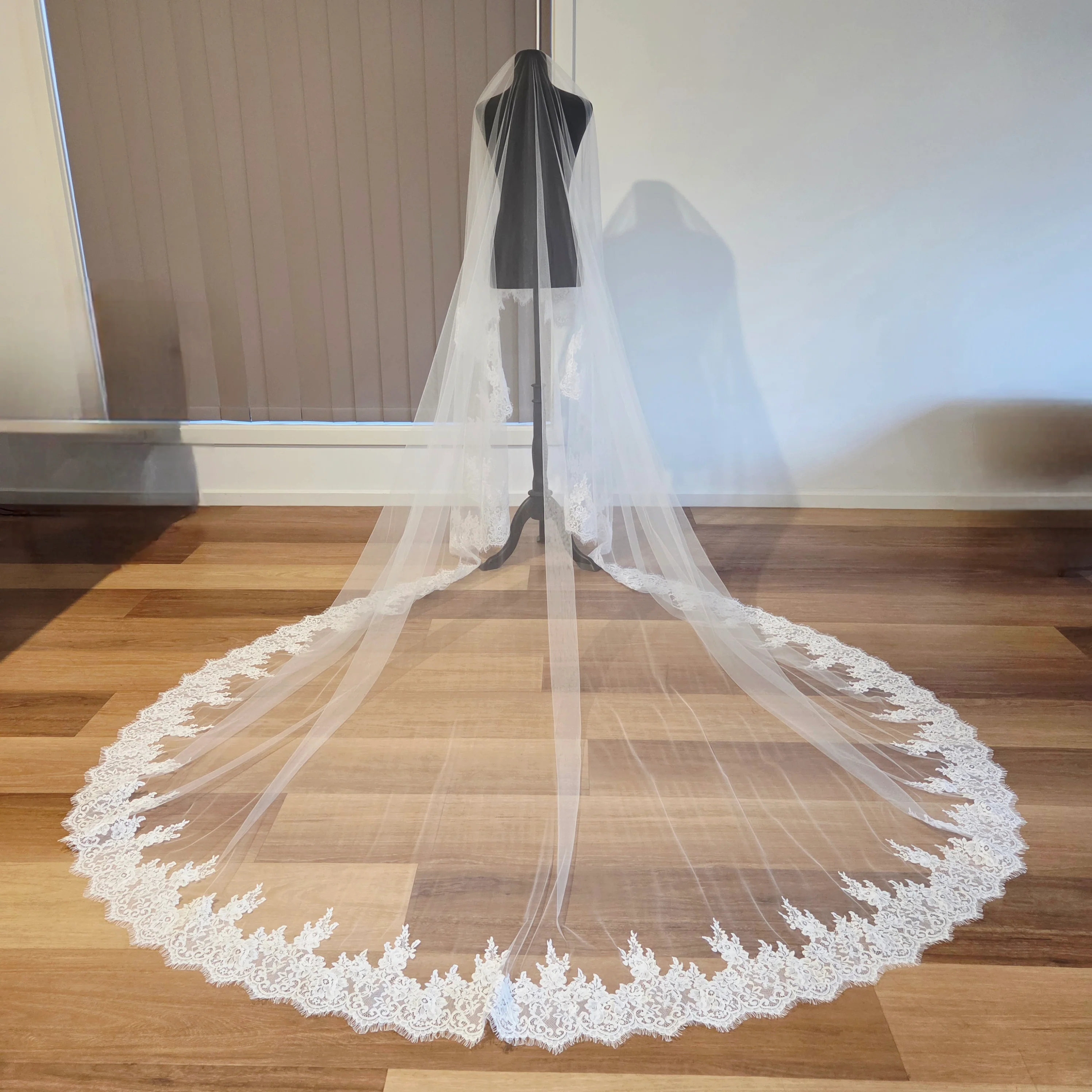 Milk - French Lace Cathedral Wedding Veil with Blusher - Studio 3 Twenty One LLC