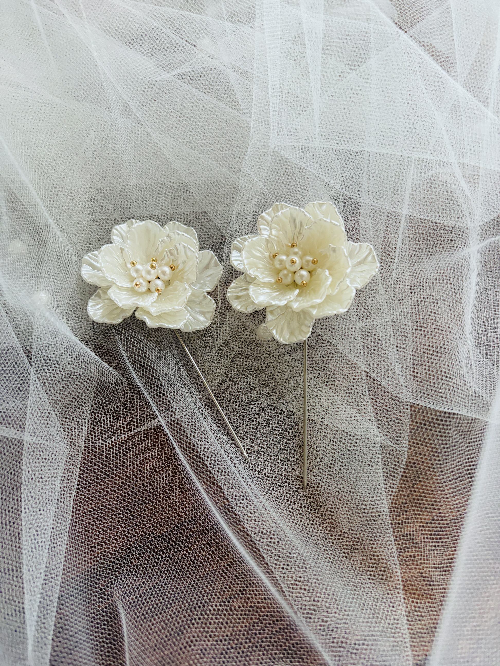 Pearl Bustle Pins for Wedding Veil or Dress, Beaded Set of 2 - Studio 3 Twenty One LLC