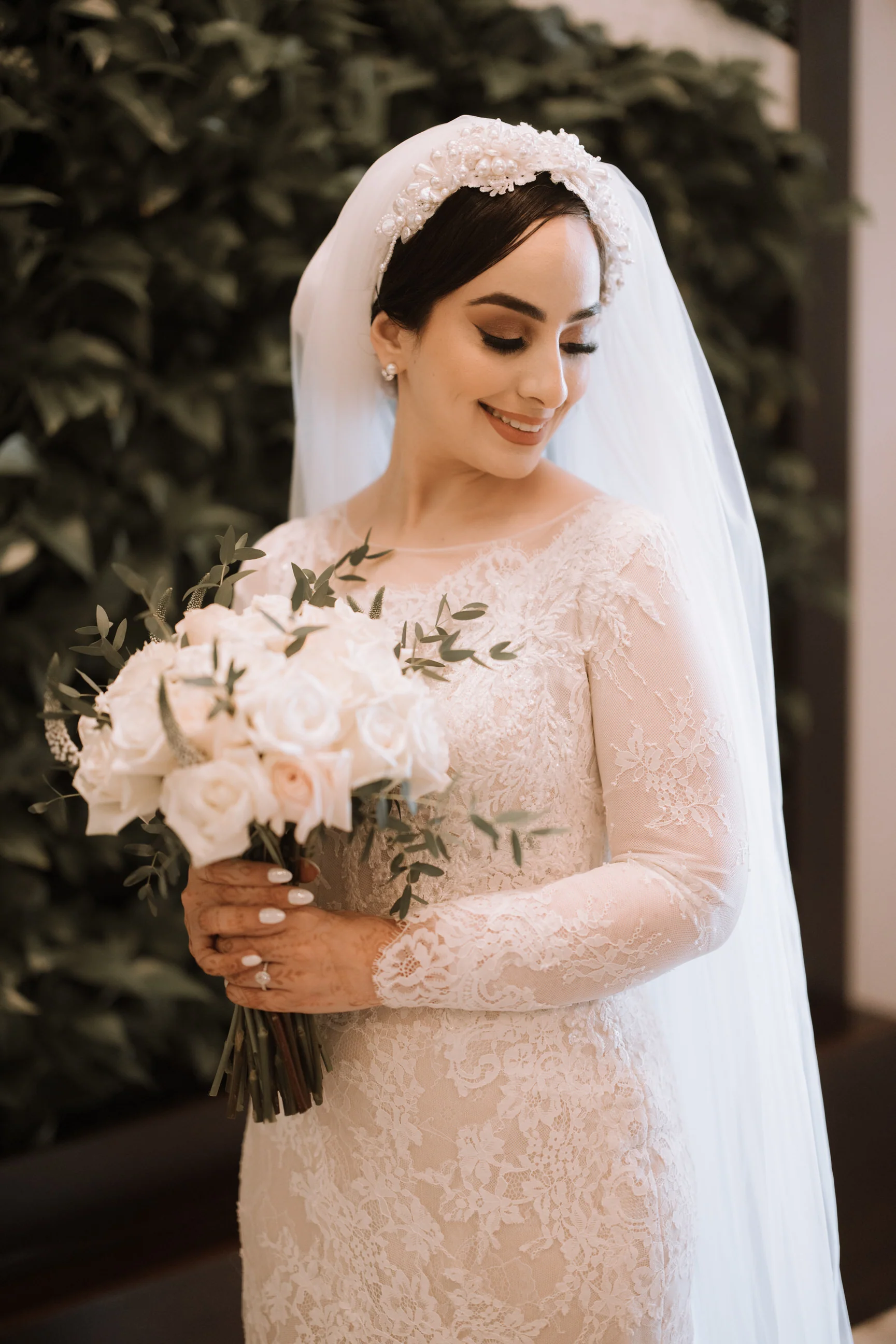 Pearl and Lace Headband Bridal Veil: Turban Headpiece - Studio 3 Twenty One LLC