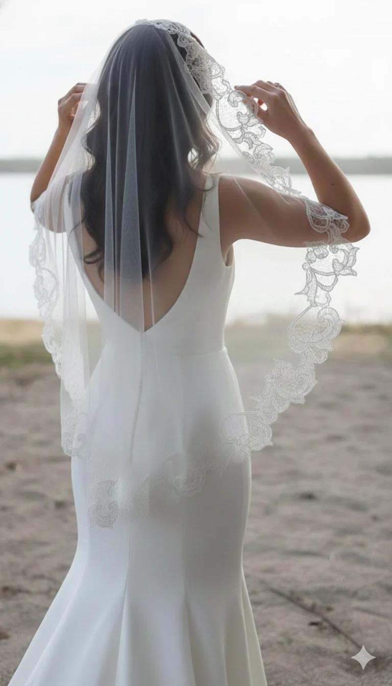 Rosette - Mantilla wedding veil with lace, Finger tip length. - Studio 3 Twenty One LLC