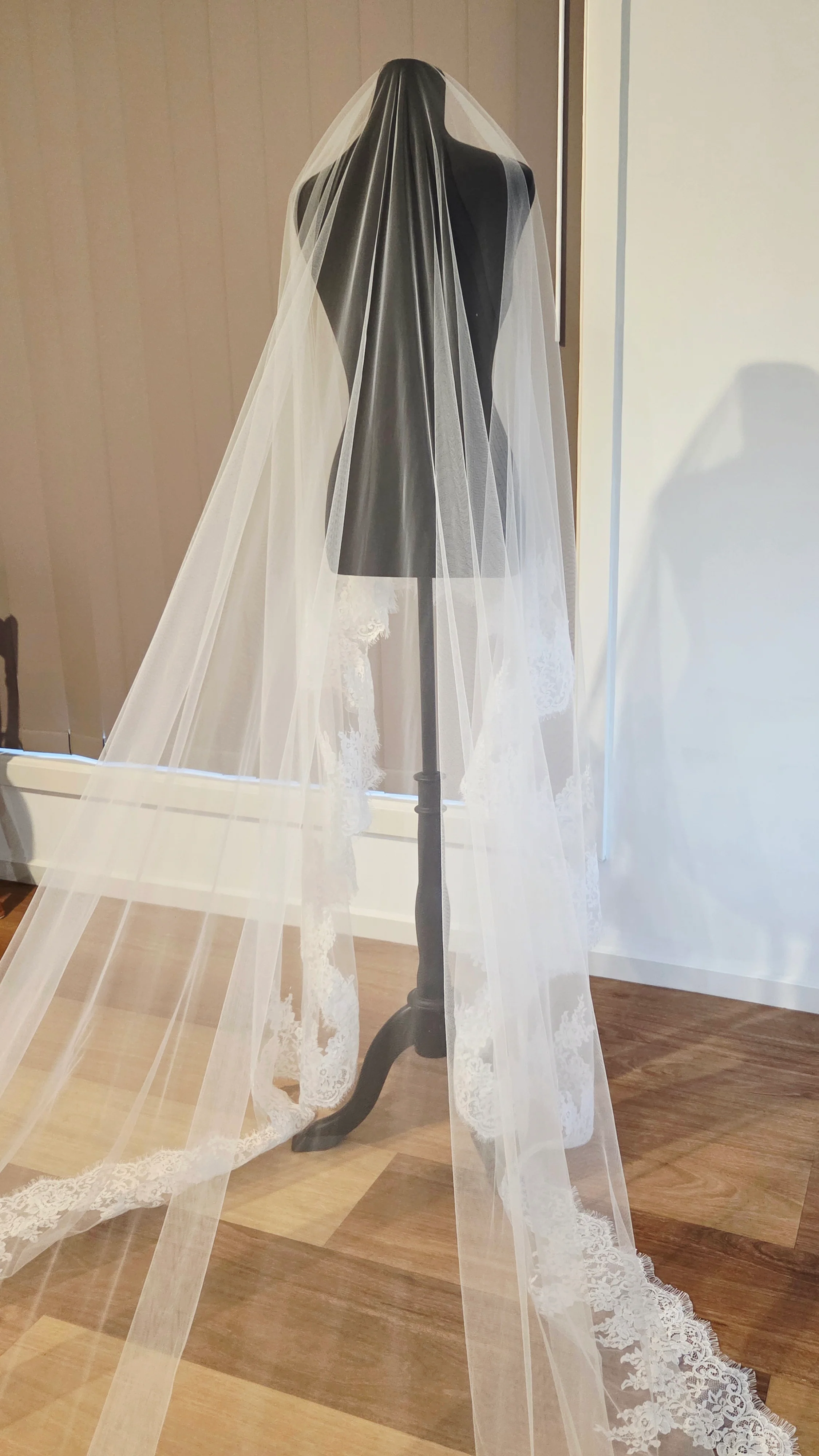 Milk - French Lace Cathedral Wedding Veil with Blusher - Studio 3 Twenty One LLC